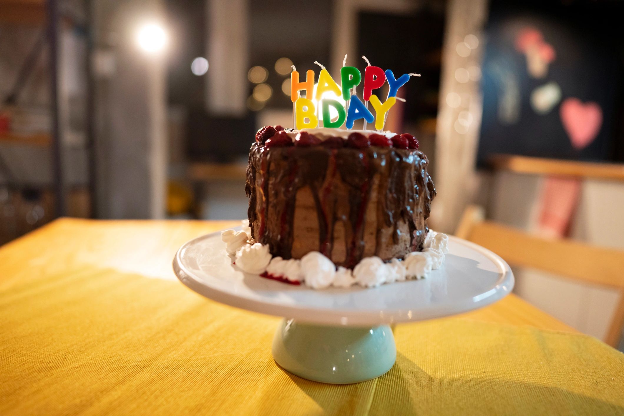 Homemade birthday cake on a kitchen counter