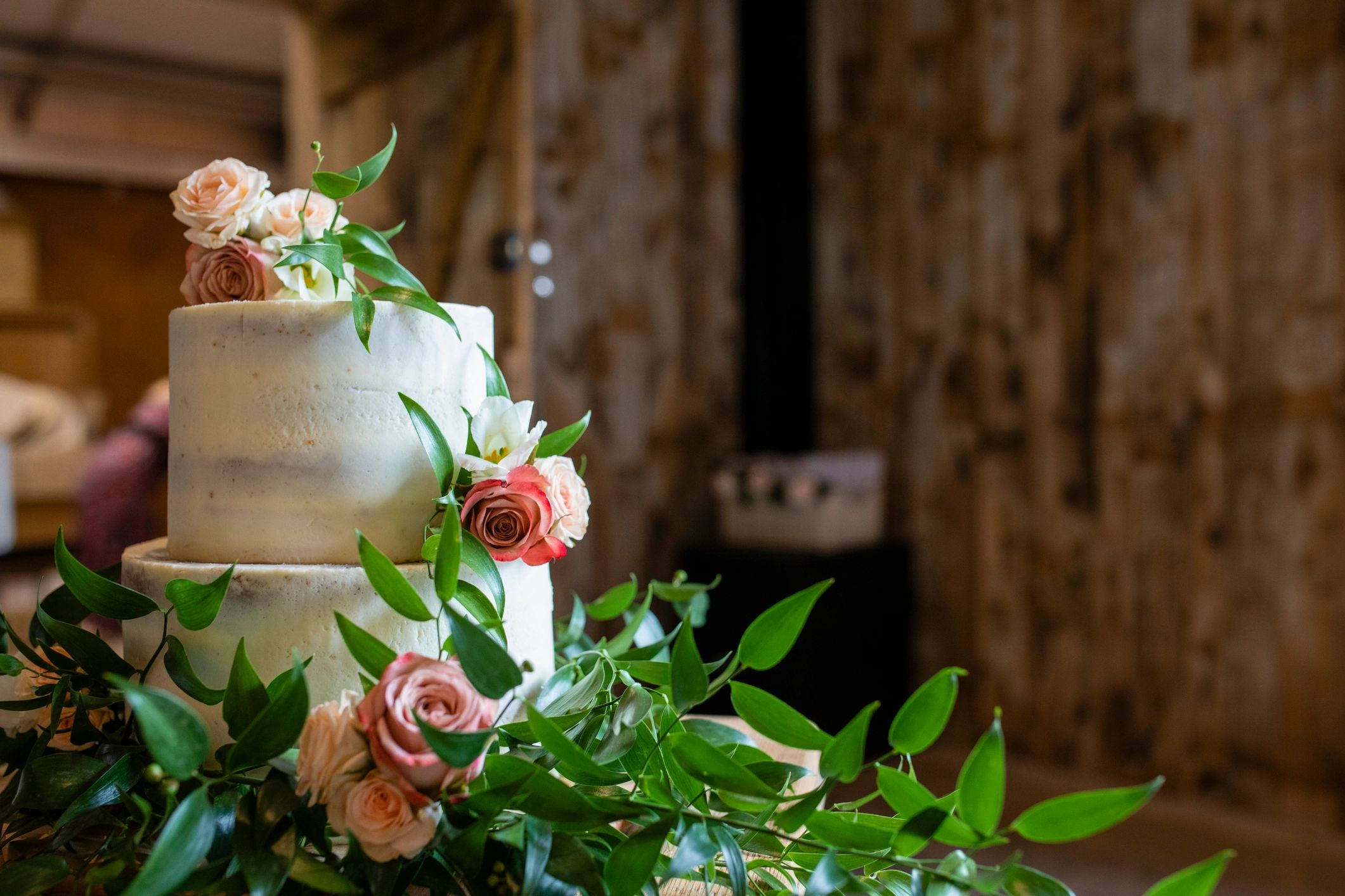 Decorated wedding cake ready to be sliced