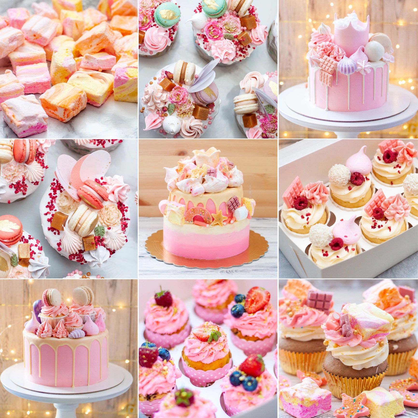 Assortment of pink cakes and cupcakes on a decorated table